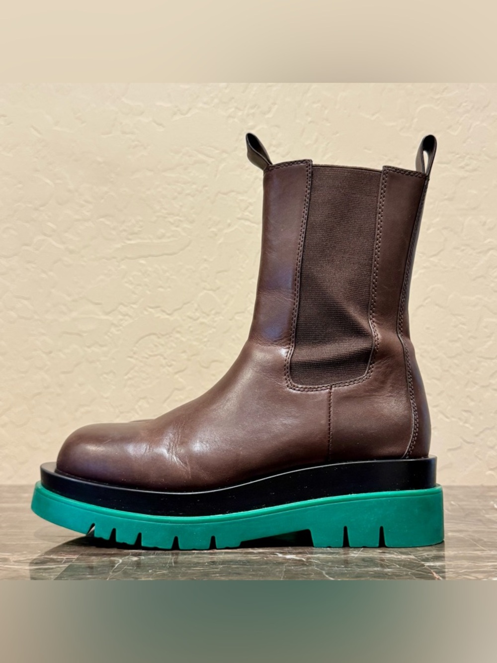 Jeffrey Campbell Green Lug Sole Brown Leather Chelsea Combat Boots